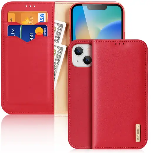 Dux Ducis Hivo Leather Flip Cover Genuine Leather Wallet for Cards and Documents iPhone 14 Plus Red Photo