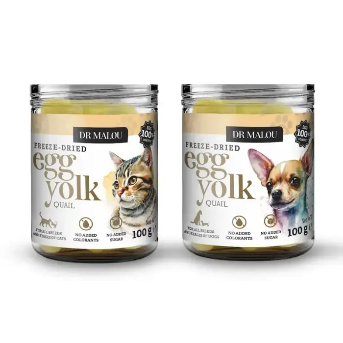 Vitamīnizēta papildbarība - DR Malou, Freeze-dried quail egg yolk for cats and dogs 100g