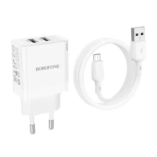 Borofone Sienas lādētājs BN15 Strong - 2xUSB - 2,1A ar USB-Micro USB kabeli, balts (bojāts iepakojums) Foto 6