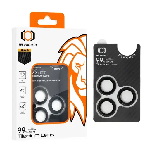 Tempered glass Tel Protect Titanium Lens 99% AR Aramid Series on camera for Iphone 16 Pro/16 Pro Max (lens 3 pcs)