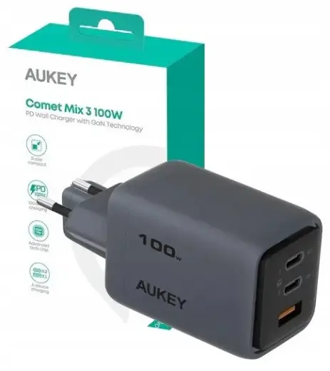 AUKEY PA-C5 Comet Mix 3 Wall Charger  3xUSB (2xUSB-C i 1xUSB-A) 100W 5A QC5.0 PD3.0 AFC PPS FCP SCP