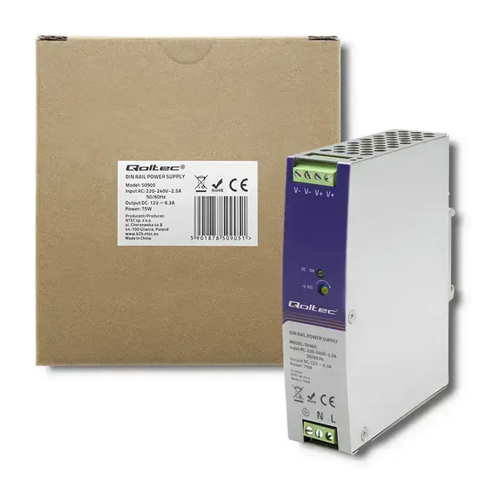 Qoltec Industrial DIN rail power supply | 75W | 12V | 6.3A