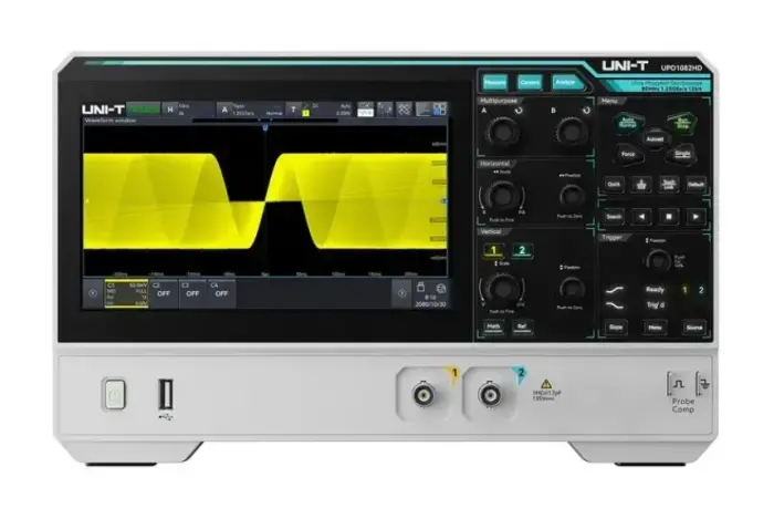 Augstas izšķirtspējas osciloskops 2 CH, 12bit, 80Mhz, 1,25 GSa/s, 100 Mpts, 500 000 wfms/s, 7" multi-touch, UNI-T