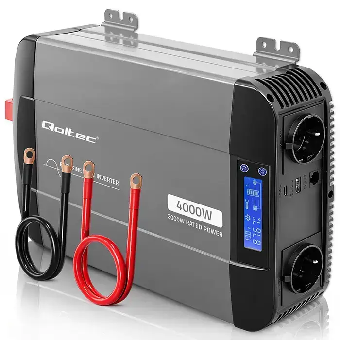Qoltec Pure Sine Wave Inverter | 12V to 230V | 2000/4000W | LCD | USB | USC-C | Compatible with LiFePO4 GEL AGM 