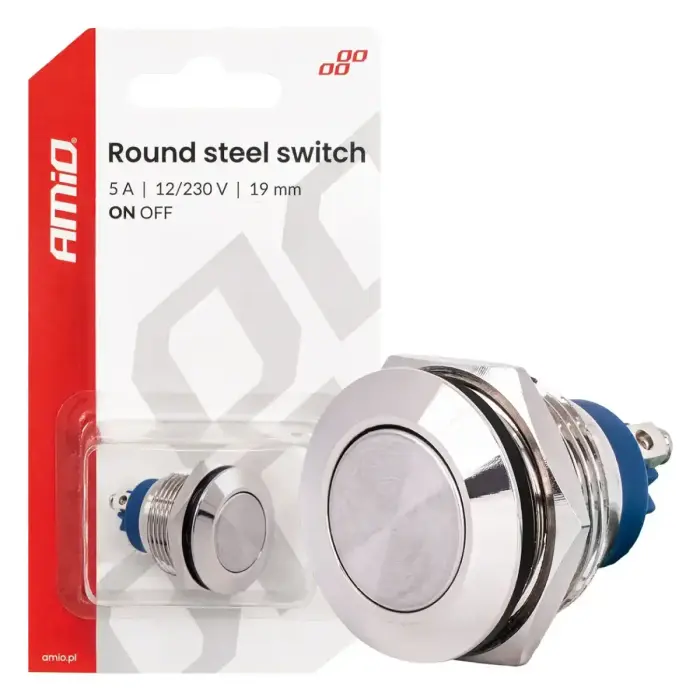 Round steel switch  ON/OFF 19mm 5A 12/230V AMIO-04474