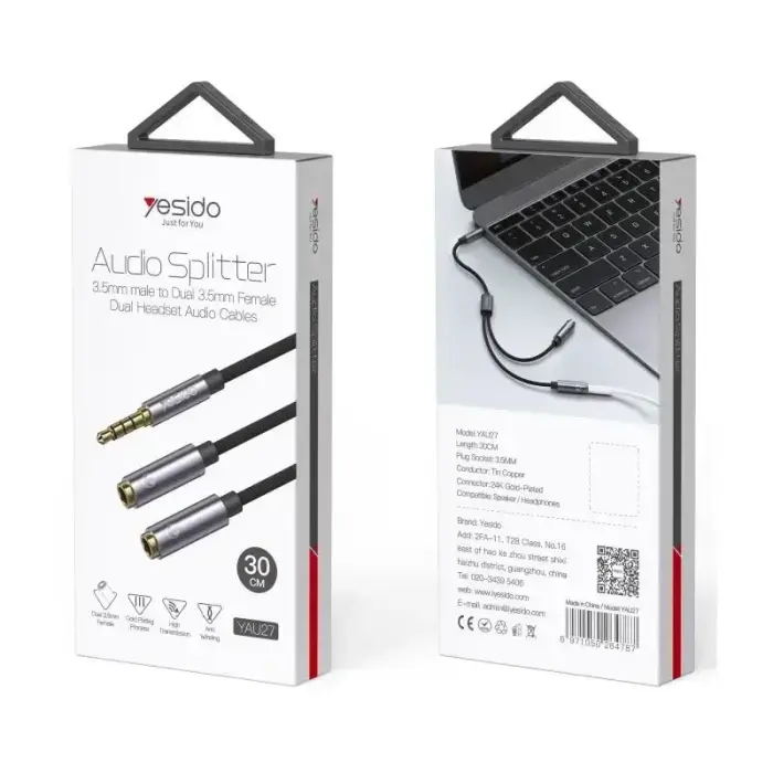 YESIDO AUDIO CABLE YAU27 3,5mm AUX MALE/2x3,5mm AUX FEMALE 30CM BLACK Foto 2