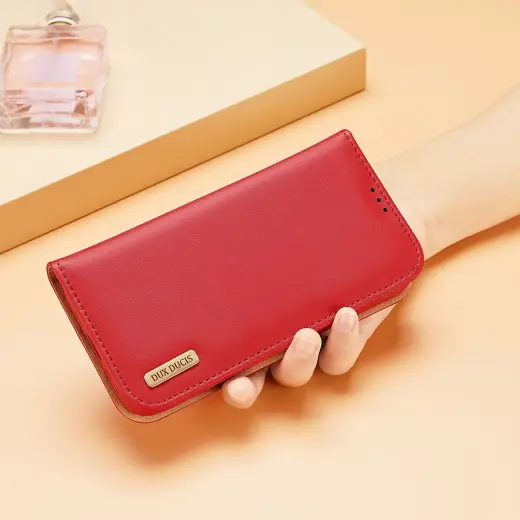 Dux Ducis Hivo Leather Flip Cover Genuine Leather Wallet for Cards and Documents iPhone 14 Plus Red Photo