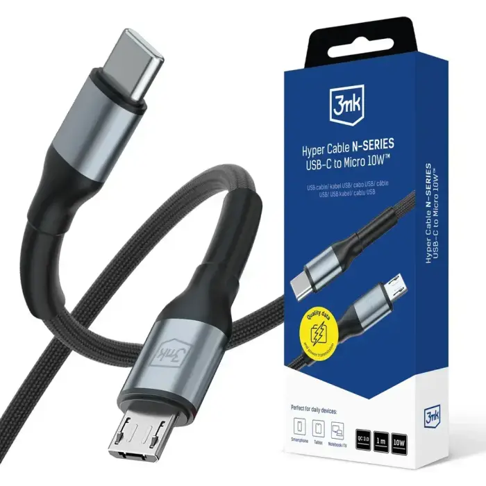 3mk Hyper N-SERIES datu pārraides un uzlādes vads | USB-C uz Micro USB | QC 3.0 | 10W | 1m | melns