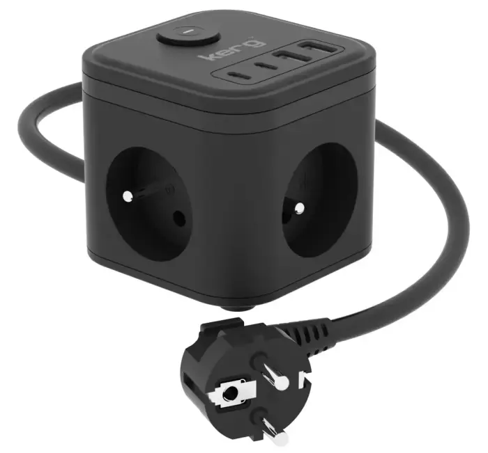 KERG 3-socket power cube + fast charger USB-A+USB-C 1.5m 3×1.5mm2 H05VV-F 16A/250V~ Smart black