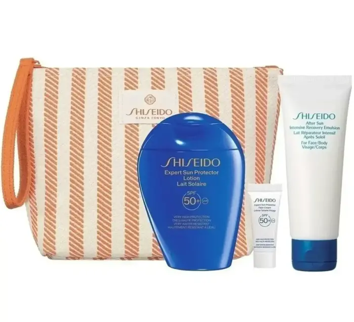 Set Shiseido Expert Sun Protector Lotion SPF50+ 150ml + Expert Sun Cream 5ml + After Sun Intensive Recovery Emulsion 75ml + Pouch