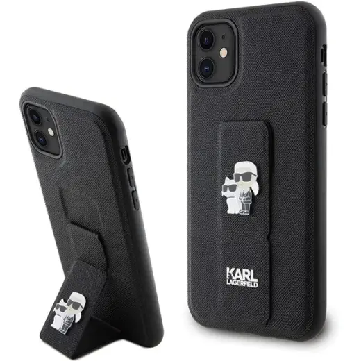Karl Lagerfeld Gripstand Saffiano Karl&Choupette Pins case for iPhone 11 | Xr - black Photo
