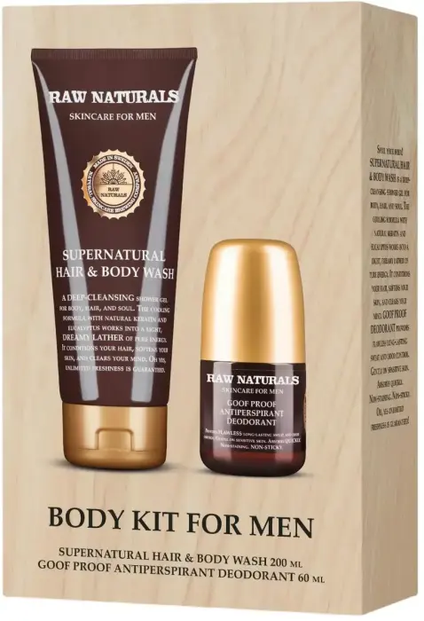 Set Raw Naturals: Supernatural, Shower Gel & Shampoo 2-In-1, 200 ml + Goof Proof, Anti-Perspirant, Deodorant Roll-On, For Men, 60 ml