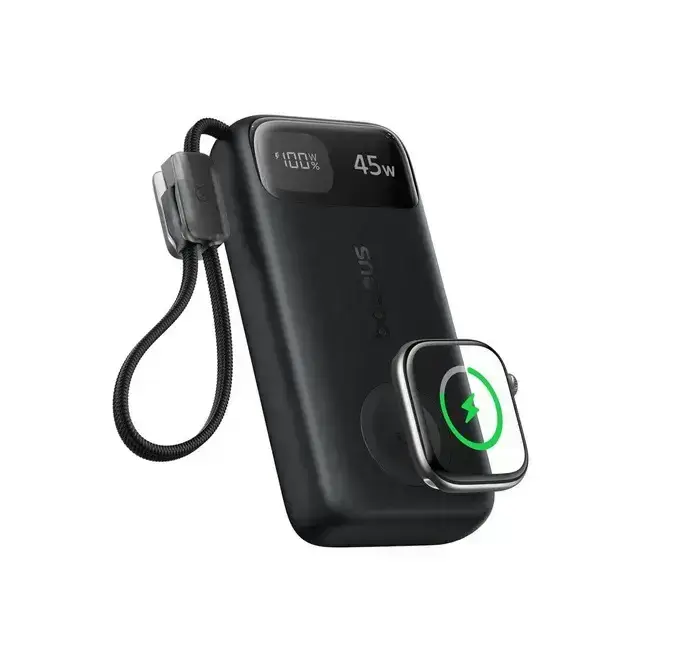 LiPo PowerBank 10000mAh 45W with integrated USB-C cable + Wireless Smartwatch charger black EnerFill FT31 BASEUS