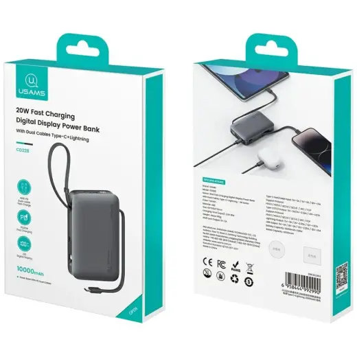 Внешний аккумулятор (powerbank) USAMS XR Series CD228 10000mAh 20W + кабель USB-C|Lightning черный Фото num
