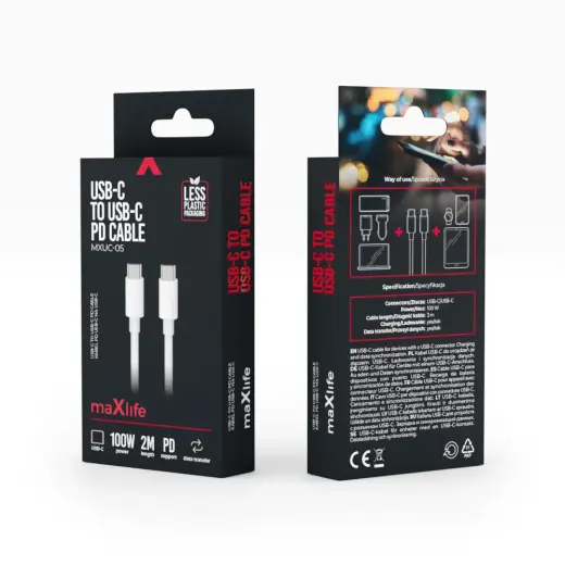 Maxlife MXUC-05 datu pārraides un uzlādes vads | USB-C uz USB-C | 100W | 2m | balts Foto 7