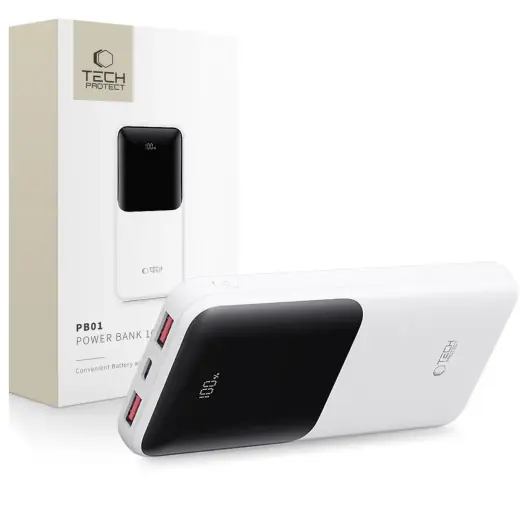 Tech-Protect PB01 внешний аккумулятор (powerbank) | 10000 mAh | 22.5W | USB-A, USB-C | LED дисплей | белый Фото num