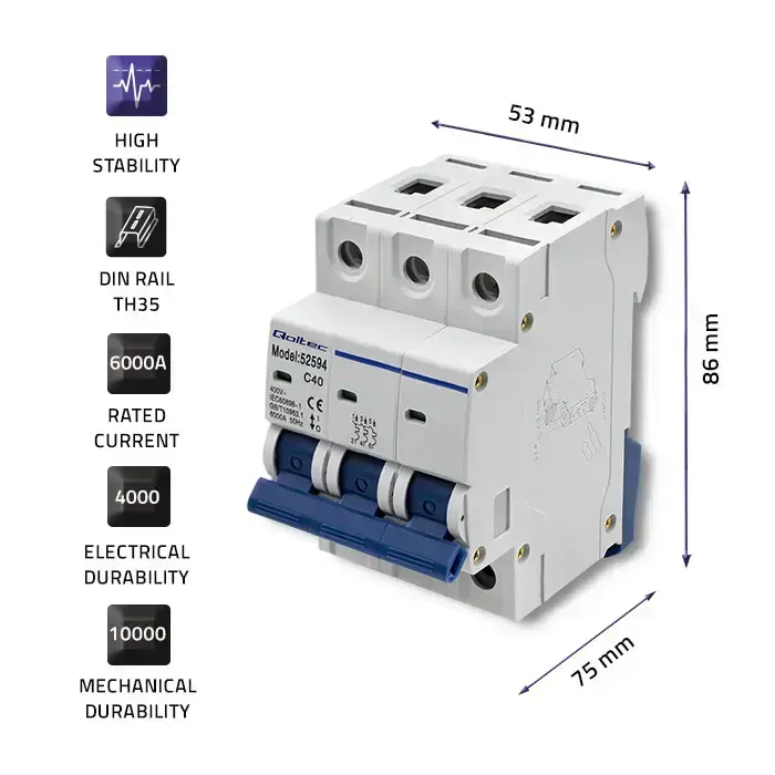 Qoltec Overcurrent Circuit Breaker C40 | Fuse | AC| 40A | 3P Фото num