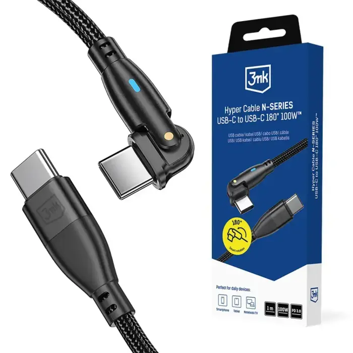 3mk Protection Hyper N-SERIES datu pārraides un uzlādes vads | USB-C uz USB-C | PD 3.0, QC 3.0 | 100W | 1m | melns