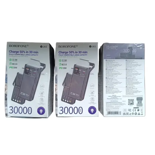 Borofone Power Bank 30000mAh BJ65 High - 2xUSB + Type C - QC 3.0 22,5W + PD 20W with USB, Type C, Lightning and micro USB black (damaged packaging)
