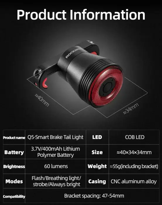 Rockbros Q5 Rear Bike Light with Intelligent Stop System - Black Foto 9