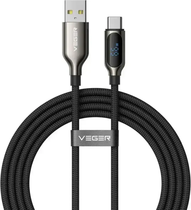 Veger AC1-XHJ data transfer and charging cable | USB-A to USB-C | PD | 66W | with LED display | 1.2m | black