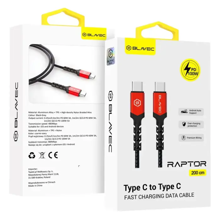 Blavec Raptor datu pārraides un uzlādes vads | USB-C uz USB-C | 100W | 2m | melns, sarkans
