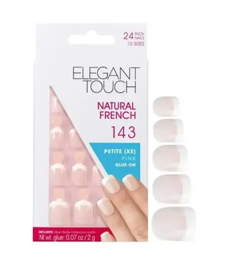 Set, Elegant Touch, Natural French, Square, Artificial Nails, Pink, 143, Petite (XS), 24 pcs