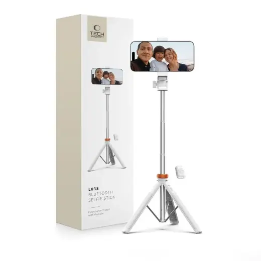 Tech-Protect L03S Bluetooth selfie stick with remote control, tripod up to 148cm and 180 head - white Photo