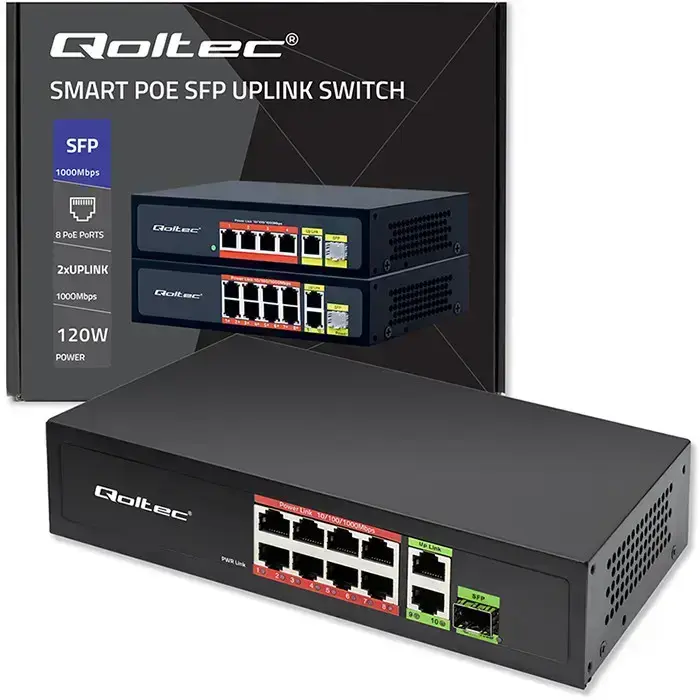Qoltec FAST Ethernet PoE SWITCH 8x RJ45 PoE 2x RJ45 Uplink 1x SFP | 120W | 1000 Mb Foto 12