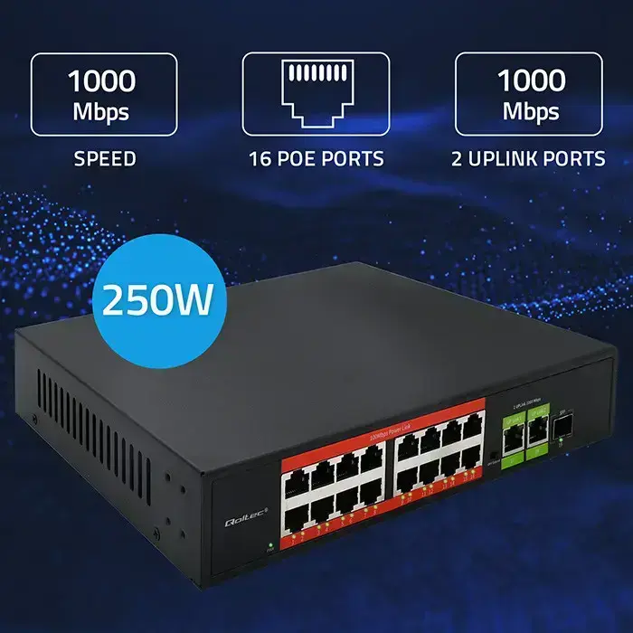 Qoltec Fast Ethernet PoE SWITCH | 16x RJ45 10/100 Mb/s |  2x RJ45 Uplink 1000 Mb/s | 1x SFP 1000 Mb/s Foto 3