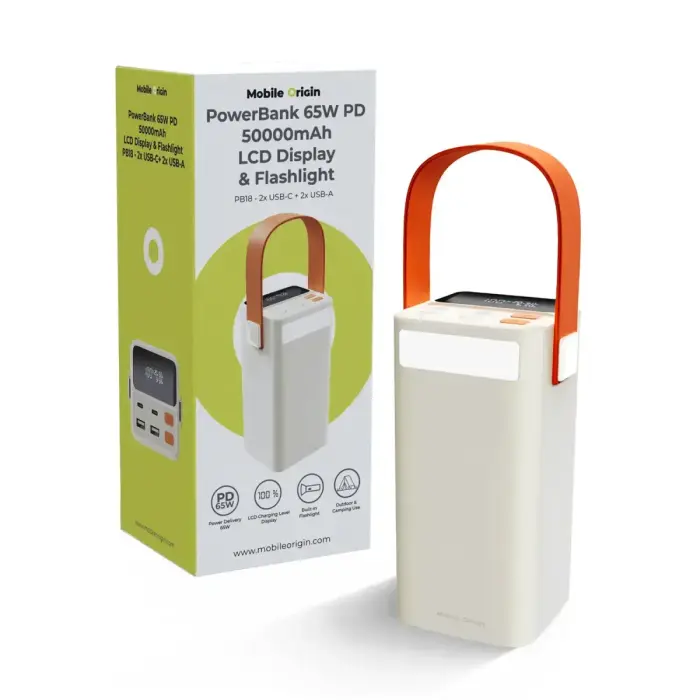 Mobile Origin PowerBank 65W PD 50000mAh LCD Display & Flashlight PB18 - 2x USB-C + 2x USB-A