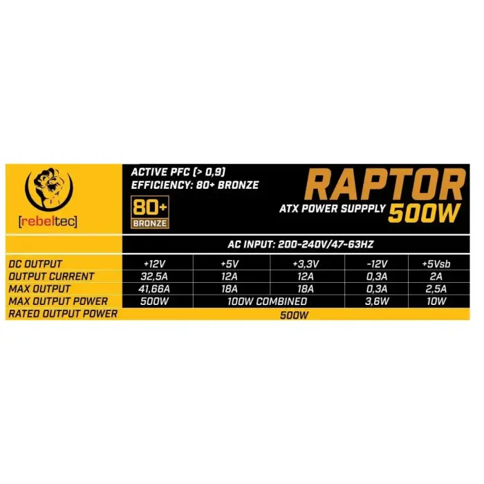 Rebeltec ATX Power Supply RAPTOR 500W 80+ Bronze, Single Rail, DC-DC Foto 3