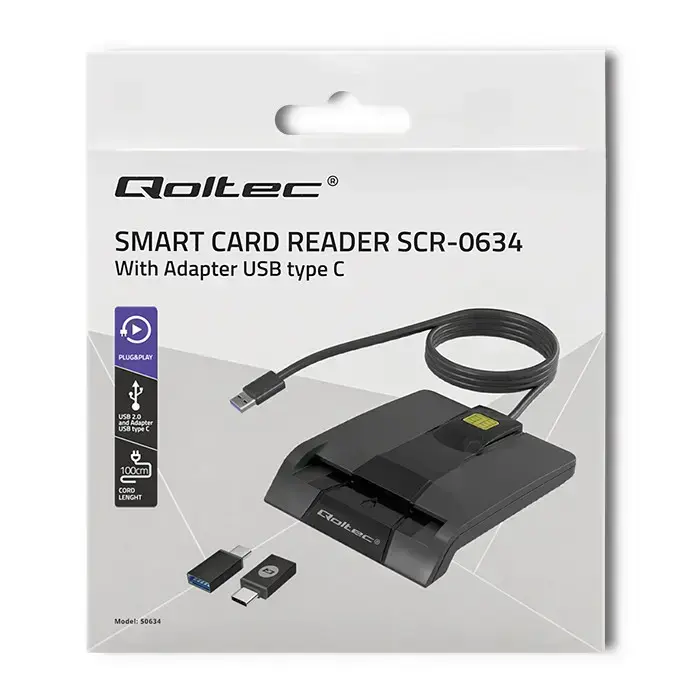 Qoltec Intelligent Smart ID chip card reader SCR-0634 | USB 2.0 + USB-C Adapter  Foto 2