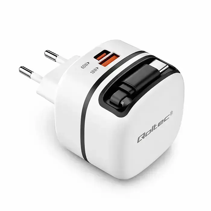 Зарядное устройство Qoltec | 65W | PD, GaN, PPS | USB-C | с выдвижным кабелем в комплекте