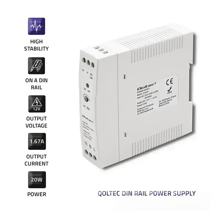 Qoltec DIN rail power supply | 20W | 12V | 1.67A | White | Slim Фото num