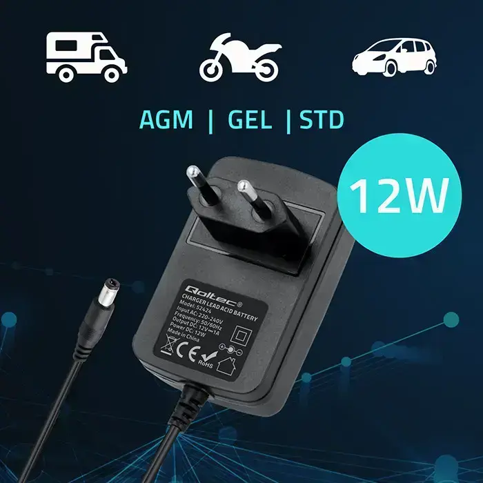 Qoltec Automatic charger for AGM GEL STD 12V battery | 1A | Rectifier with LED indicator Photo