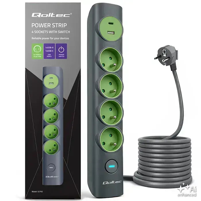 Qoltec Power strip with backlit switch | 6-in-1 extension lead | 4 earthed sockets | 1xUSB-C 15W | 1xUSB 12W  | 1.8m