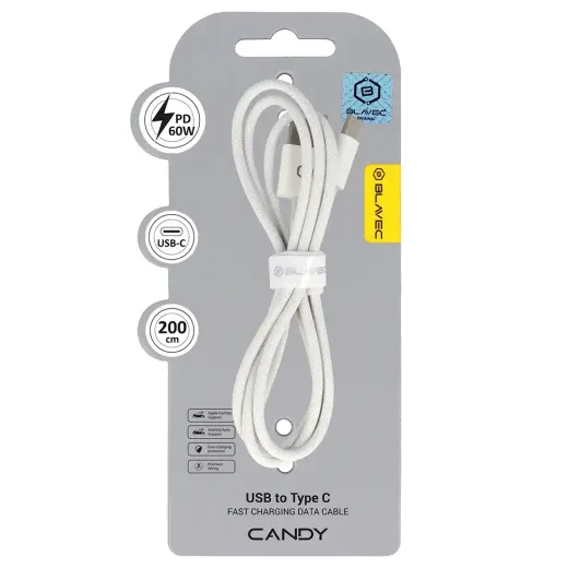 Blavec Cable Candy braided - USB to Type C - PD 60W 3A 2 metres (CCA-UC3W20) white Foto 8