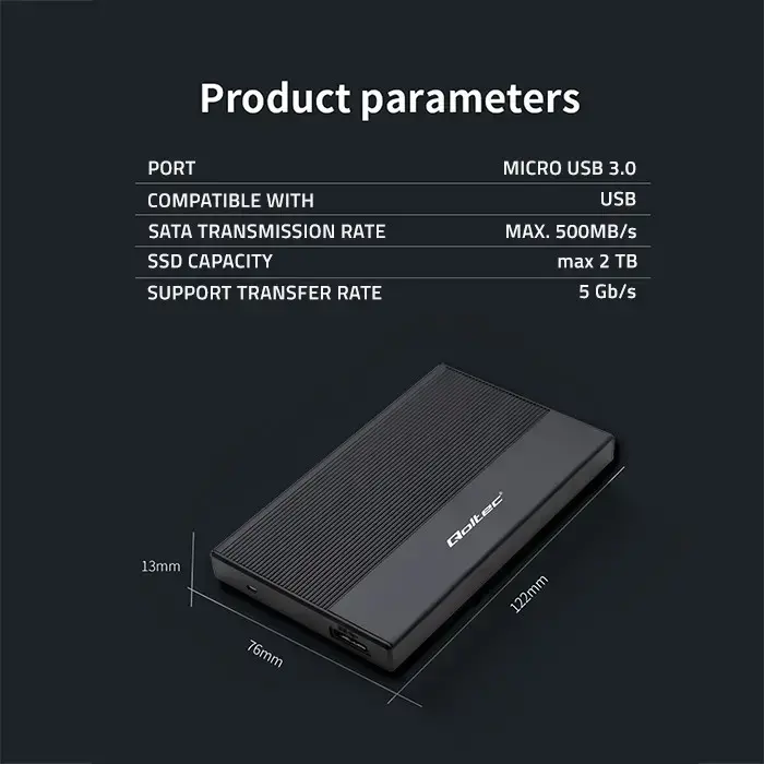 Qoltec Aluminium Enclosure | SSD HDD 2.5'' drive | SATA | USB 3.0 | Super speed 5Gb/s | 2TB | Black Foto 5
