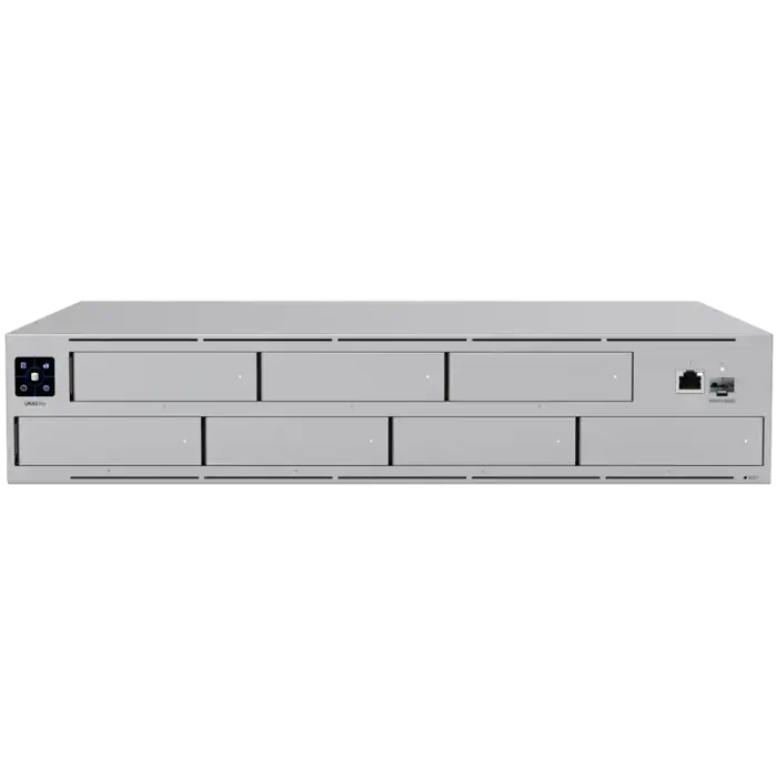Ubiquiti UNAS-Pro-EU 2U rack-mount NAS with (7) 2.5/3.5" drive bays and 10 Gbps performance designed for large-scale file storage and sharing, (7) 2.5/3.5" HDD / SSD support, 10G SFP+ uplink and (1) GbE RJ45 port