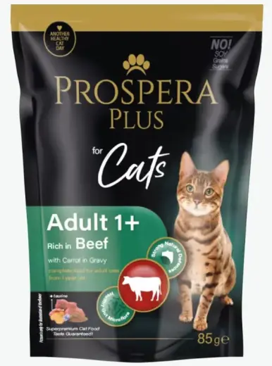 Konservi kaķiem - Prospera Plus, Cat Pouch Adult 1+, Beef and Carrot, 85 g