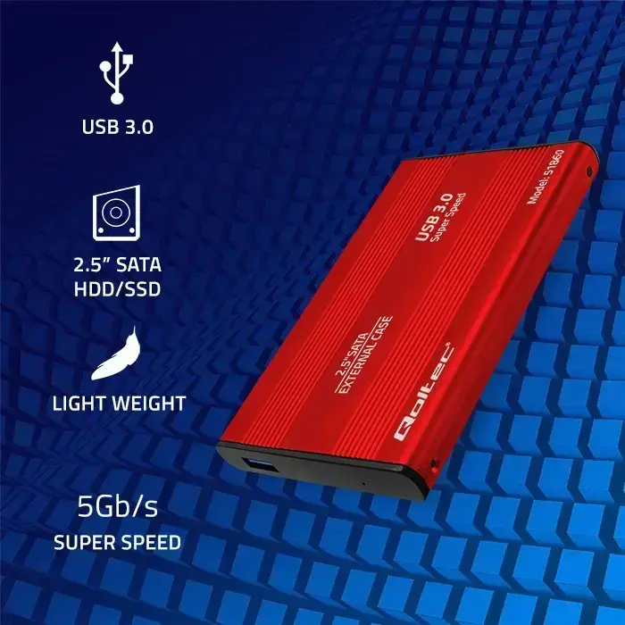 Qoltec Aluminium External Hard Drive Case HDD SSD 2.5'' SATA3 | USB 3.0 | Red Фото num
