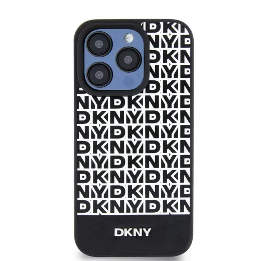 DKNY PU Leather Repeat Pattern Bottom Stripe MagSafe Case for iPhone 14 Pro Max Black