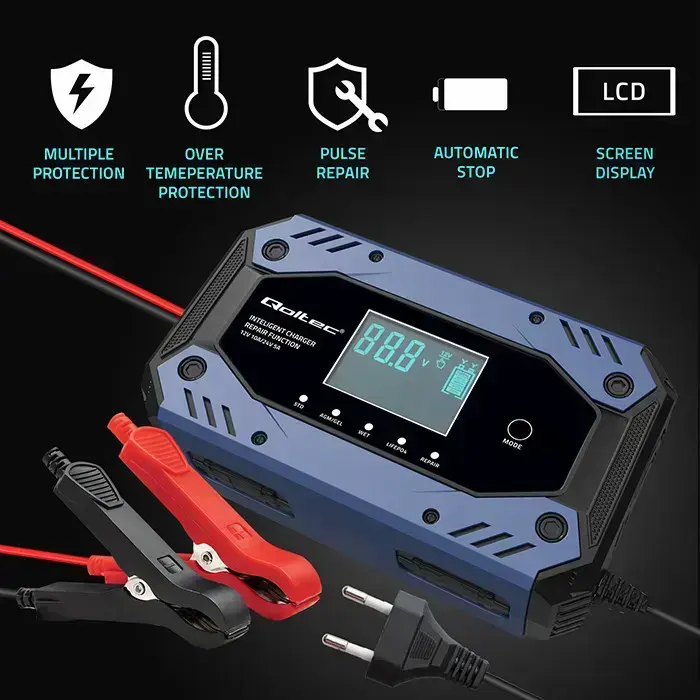 Qoltec Intelligent charger for STD AGM GEL LiFePO4 | Battery charger with repair function |12-24V |10A | LCD | 9 - stage charging Photo