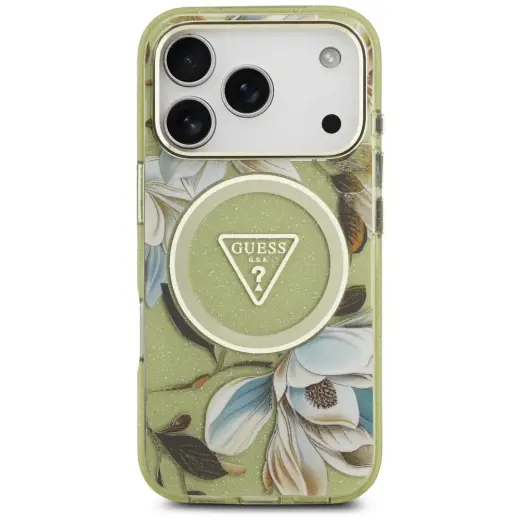 Case Guess IML Glitter Flowers Triangle  MagSafe for iPhone 17 Pro green Foto 3