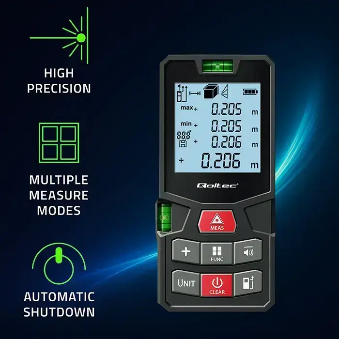 Qoltec High-Precision Laser Distance Meter with Bubble Level | LCD with backlight | 50m Foto 2