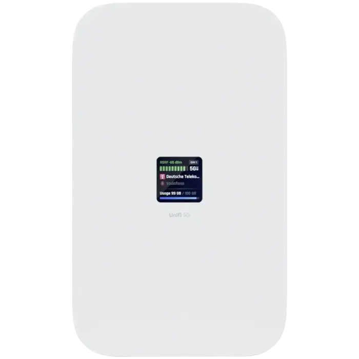 Ubiquiti UniFi U5G-Max high-performance 5G (3.4 Gbps) modem for any Unifi deployment. Instantly adopt through any UniFi PoE port, it delivers automatic setup, dual SIM/eSIM, and seamless failover