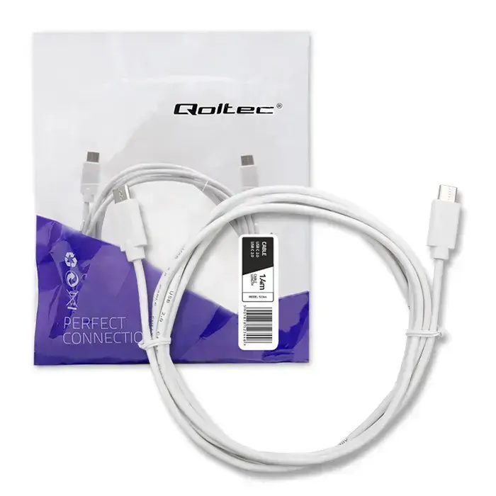 Qoltec datu pārraides un uzlādes vads | USB-C uz USB-C | 1.4m | balts