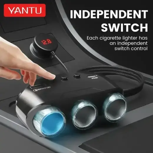 Car Cigarette Lighter Socket Splitter LM21 - 3 sockets + USB + Type C - QC 3.0 PD 3A 122W with display and cable Foto 3