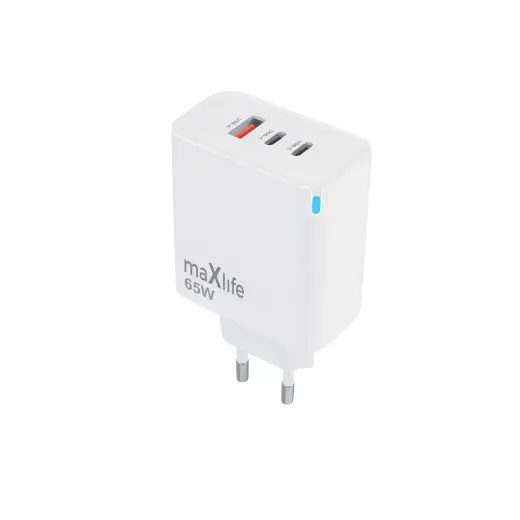 Maxlife MXTC-09-65ACC GaN PD QC charger 2x USB-C 1x USB 65W white